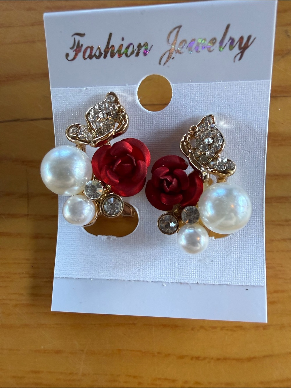 Fashion Jewelry Red Rose Pearl & Crystal Stud Earrings